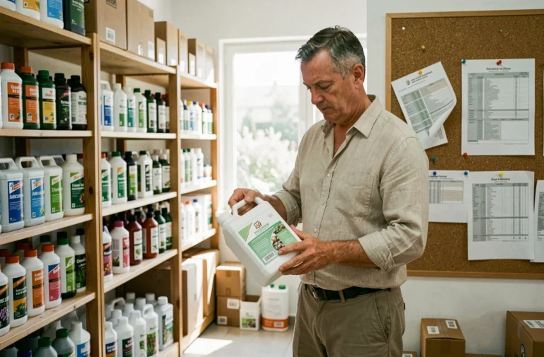 Agronome lisant l'étiquette d'un herbicide à base de glyphosate dans un magasin agricole au Portugal