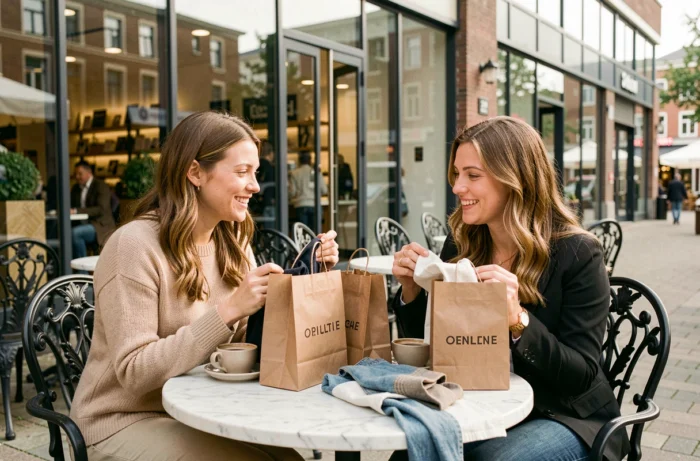 Deux femmes comparant leurs achats de mode dans un café près d'un centre commercial à Bruxelles
