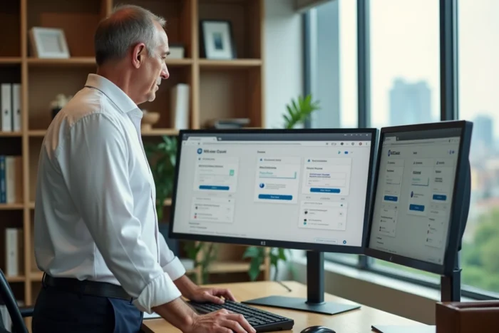 Administrateur de biens consultant les accès utilisateurs sur un double écran dans son bureau professionnel