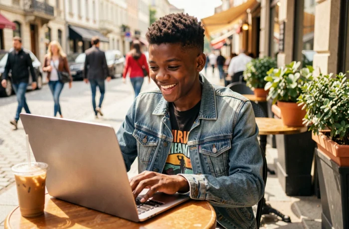 Adolescent souriant devant son ordinateur portable en terrasse de café, symbolisant la diffusion virale d'un mot sur internet