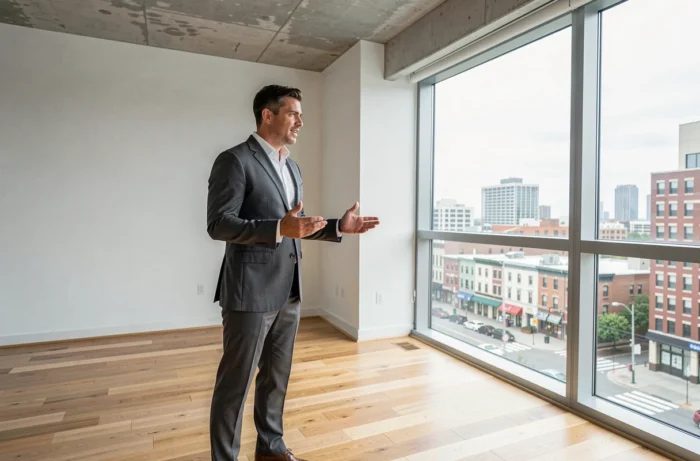 Agent immobilier présentant un appartement vide avec vue urbaine dans le cadre d'un investissement locatif
