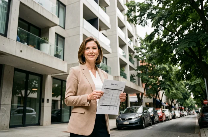 Femme agent immobilier tenant une fiche de prix devant un immeuble d'appartements moderne en ville
