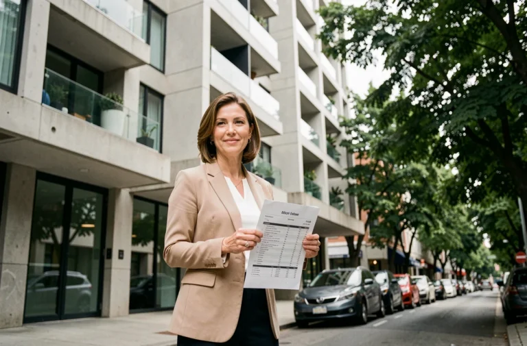 Femme agent immobilier tenant une fiche de prix devant un immeuble d'appartements moderne en ville