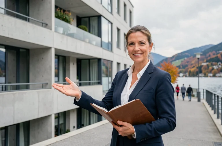 Agent immobilier suisse devant un immeuble moderne en bord de lac à Zurich en automne