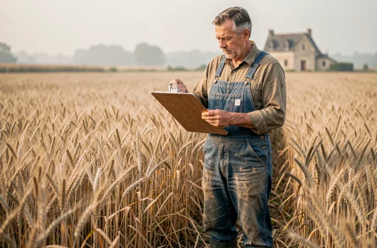 Agriculteur consultant un formulaire administratif dans un champ de blé en France, illustrant la gestion de la main-d'œuvre agricole et la notion d'UTH