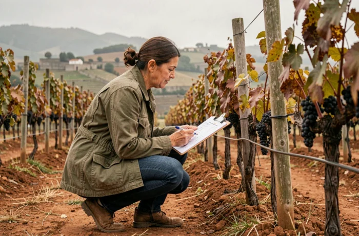 Agricultrice consultant une liste réglementaire sur le glyphosate dans un vignoble portugais