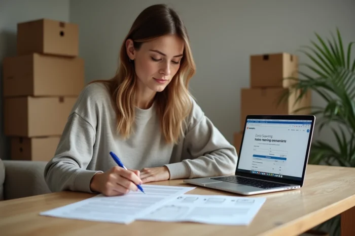 Femme révisant son contrat d'assurance habitation avant le jour du déménagement, entourée de papiers administratifs et de cartons