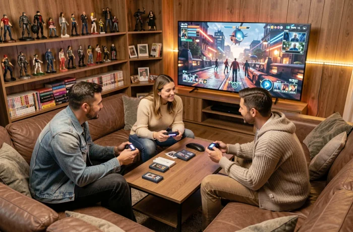 Groupe d'amis jouant aux jeux vidéo dans un salon geek décoré de figurines et mangas