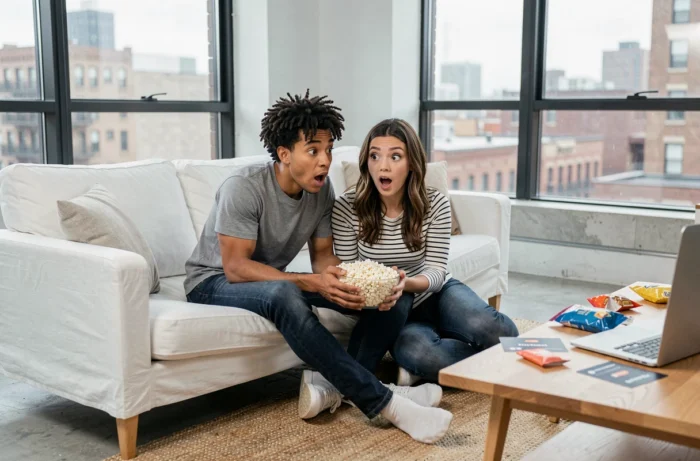 Deux amis réagissant avec surprise en regardant une série ensemble dans un appartement moderne
