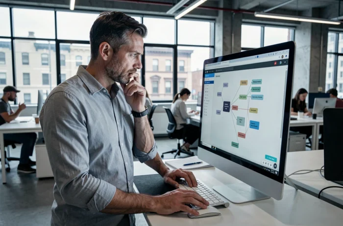 Homme analysant un plan de site structuré sur un grand écran dans un espace de coworking moderne