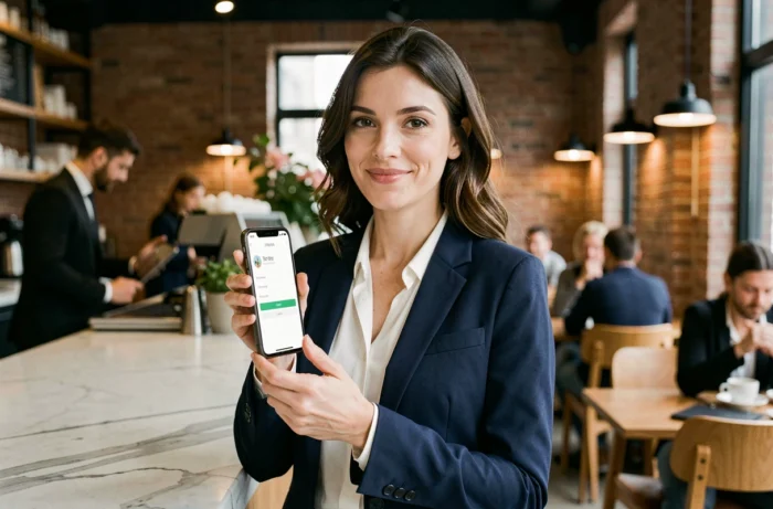 Femme consultant son application d'assurance auto sur smartphone dans un café moderne en ville