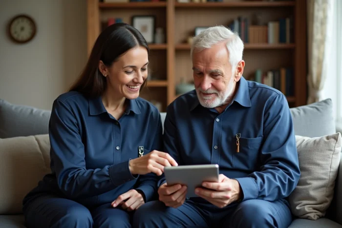Auxiliaire de vie ADMR aidant un senior à estimer le coût de ses services sur une tablette numérique