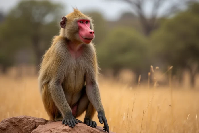 Babouin mâle montrant ses callosités ischiatiques rouges vives sur un rocher en savane africaine