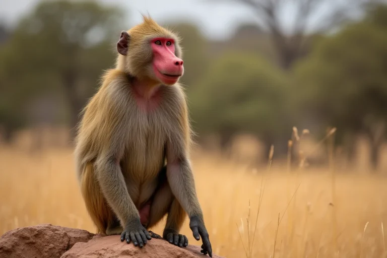 Babouin mâle montrant ses callosités ischiatiques rouges vives sur un rocher en savane africaine