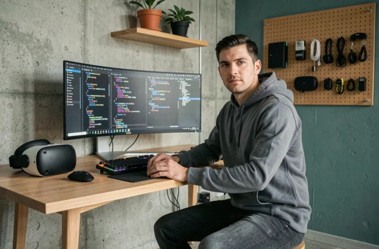 Homme geek dans un bureau high-tech moderne avec écran ultrawide, clavier mécanique et casque VR