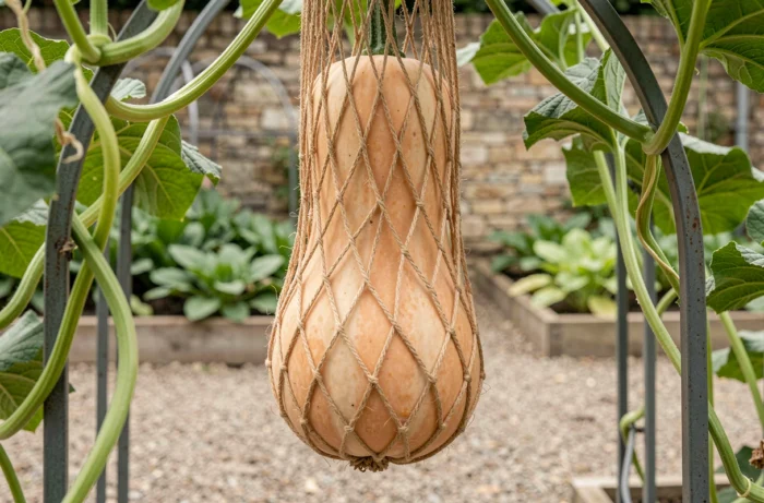 Courge butternut mûre suspendue dans un filet en jute sur une arche de jardin, technique de culture en hauteur au potager