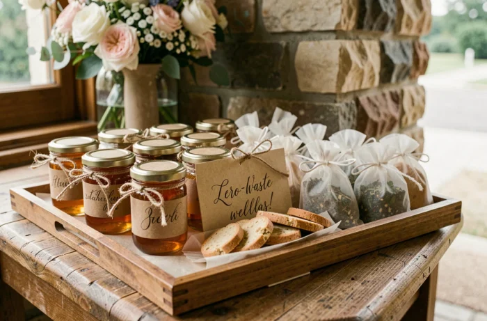 Cadeaux invités comestibles zéro déchet pour mariage : petits pots de miel artisanal, sablés emballés en papier ciré et sachets d'herbes en mousseline