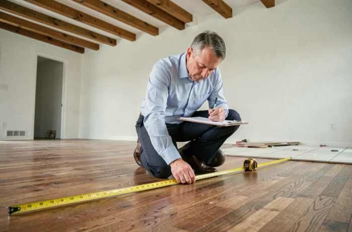 Homme mesurant la surface d'une pièce avec un mètre ruban pour calculer les m2 d'un sol irrégulier à 4 côtés