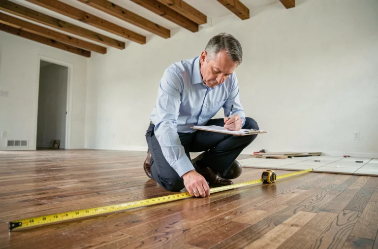 Homme mesurant la surface d'une pièce avec un mètre ruban pour calculer les m2 d'un sol irrégulier à 4 côtés