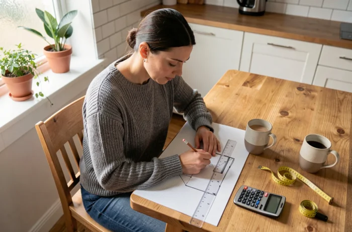 Femme calculant la surface en m2 d'une pièce irrégulière sur papier millimétré avec règle et calculatrice