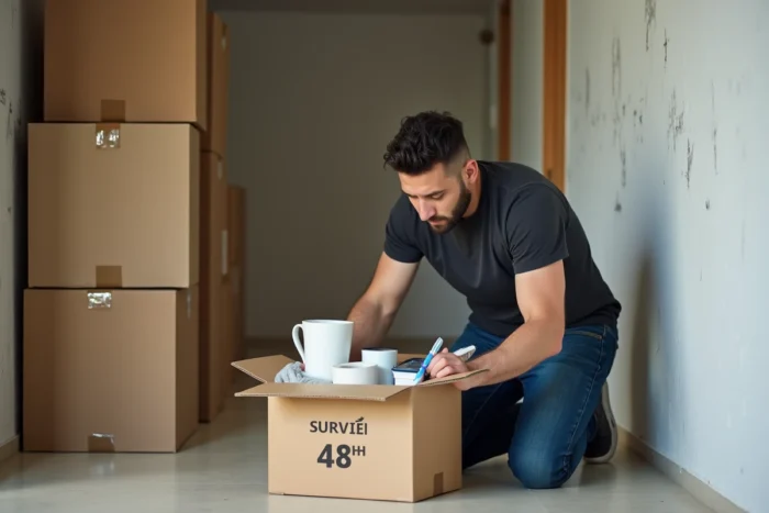 Homme préparant un carton de survie contenant les essentiels pour les 48 premières heures de déménagement