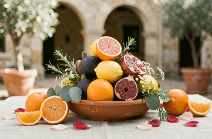 Centre de table de mariage composé de fruits et agrumes : oranges sanguines, figues, grenades et citrons avec des herbes fraîches dans un bol en terre cuite