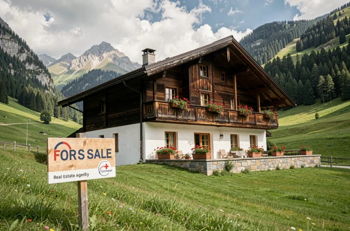 Chalet suisse traditionnel à vendre dans une vallée alpine verdoyante près de Grindelwald