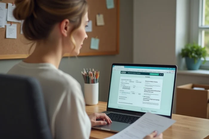 Femme effectuant tous ses changements d'adresse en une seule session sur plusieurs sites administratifs avant son déménagement
