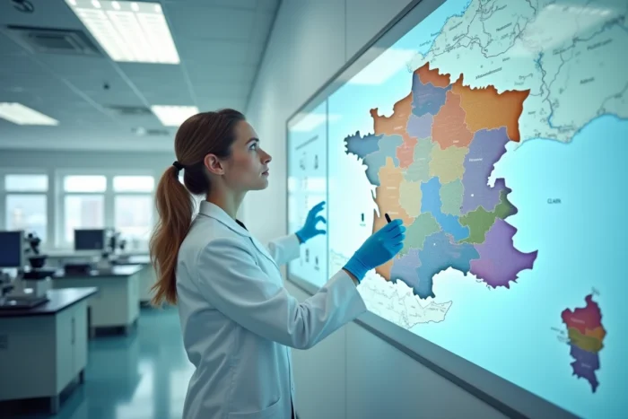 Chercheuse en génétique analysant une carte de France avec des données régionales sur la consanguinité dans un laboratoire scientifique moderne