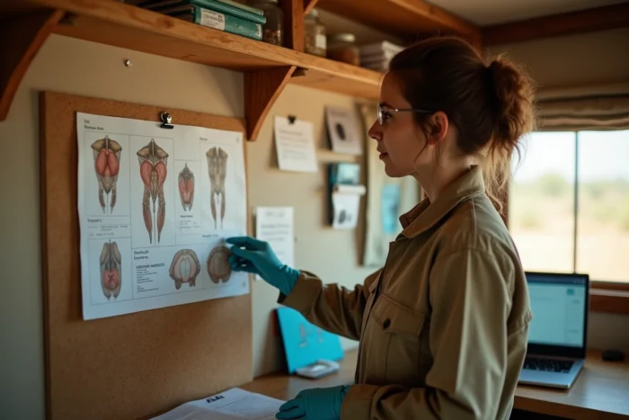 Chercheuse en primatologie étudiant des diagrammes anatomiques de babouins dans une station de terrain en Afrique