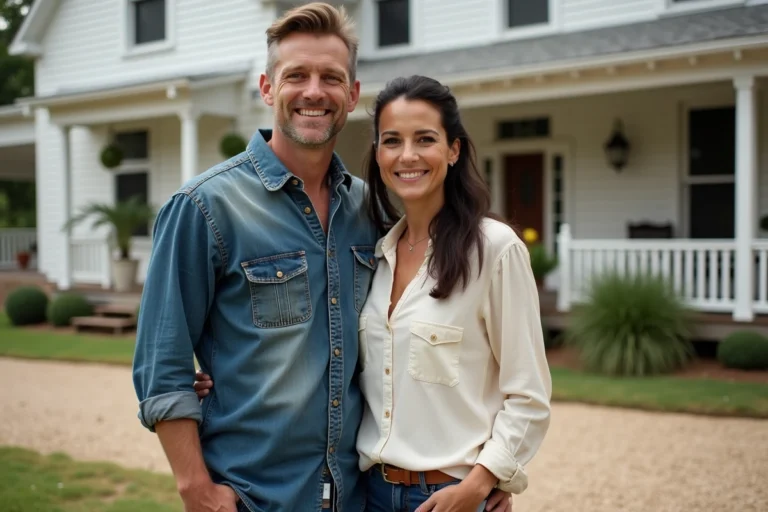 Couple de rénovateurs de maisons devant une ferme blanche rénovée au Texas en 2026