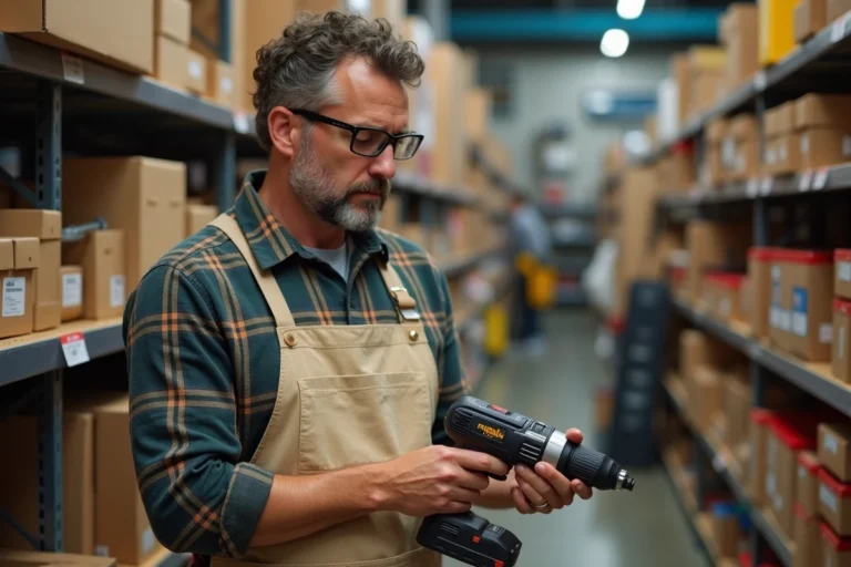 Homme en tablier de travail choisissant une perceuse sans fil dans un rayon de quincaillerie bien organisé