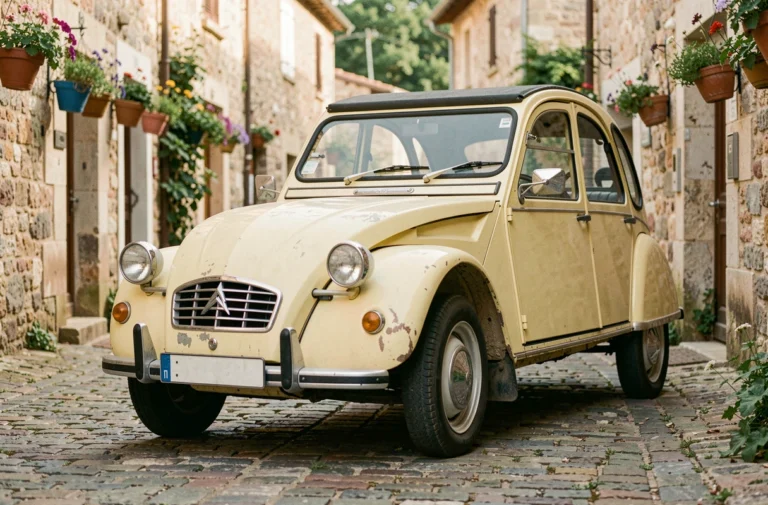 Citroën 2CV vintage jaune pâle garée sur une rue pavée d'un village français, symbole de la Titine
