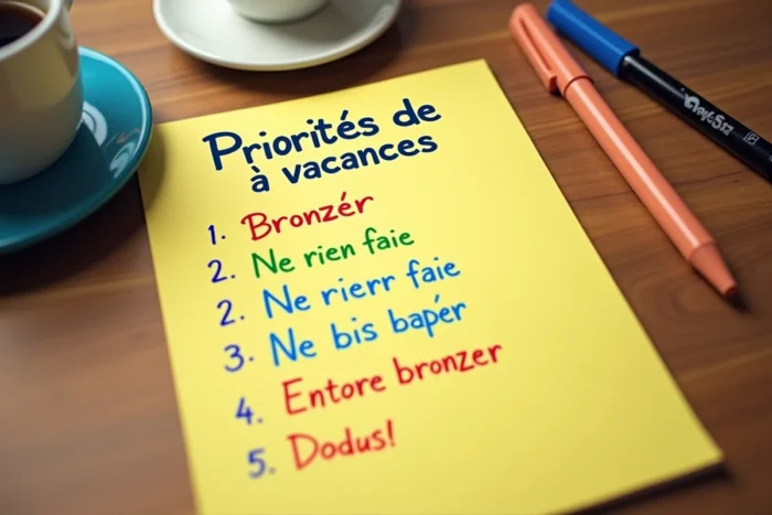 Bloc-notes jaune avec un classement fictif et humoristique des priorités de vacances écrit à la main en plusieurs couleurs