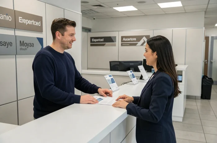 Client discutant d'un virement débit avec un conseiller dans une agence de la Banque Postale