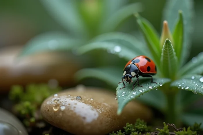 Coccinelle noire à points rouges posée sur une feuille de sauge verte, symbole spirituel de chance et de transformation