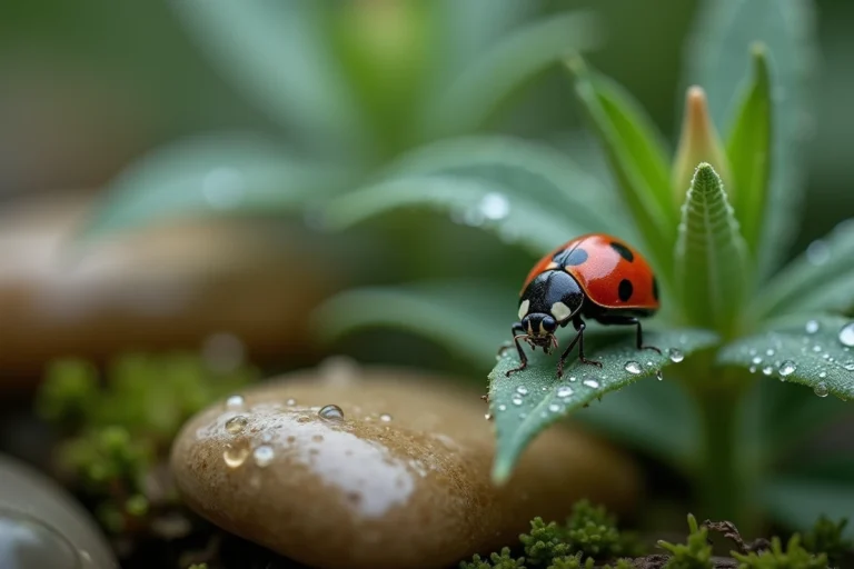 Coccinelle noire à points rouges posée sur une feuille de sauge verte, symbole spirituel de chance et de transformation