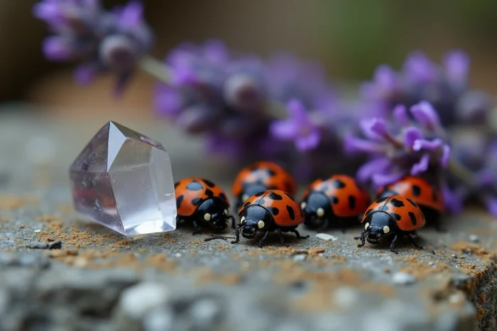 Groupe de coccinelles noires à points rouges sur une pierre ancienne avec lavande et cristal de quartz, symbolisme spirituel