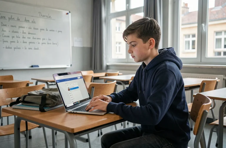 Collégien utilisant l'ENT Néo Yvelines sur un ordinateur portable dans une salle de classe moderne