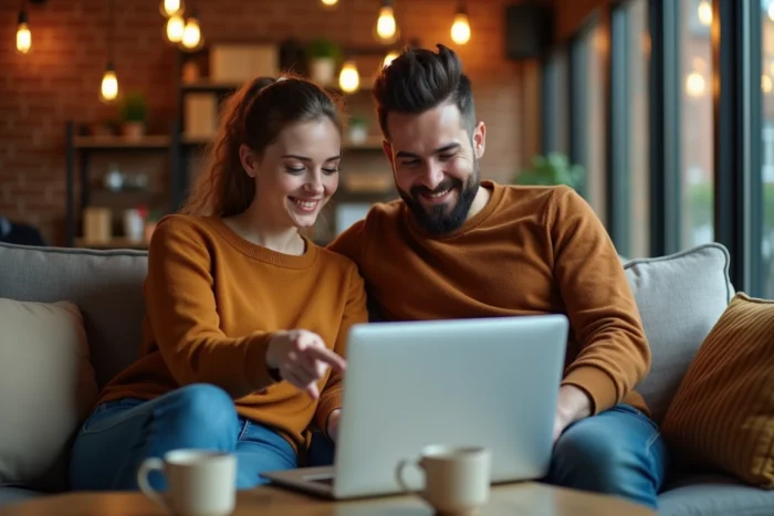 Deux collègues découvrant ensemble les rubriques d'un site web sur ordinateur portable dans un café moderne