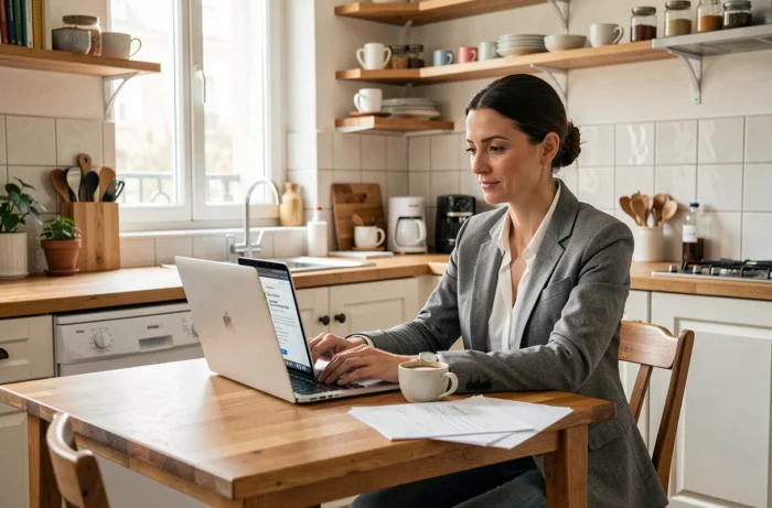 Une femme compare des offres de banques en ligne sur son ordinateur portable depuis son appartement parisien pour optimiser son crédit
