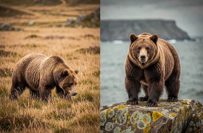 Comparaison visuelle de la taille du grizzly et de l'ours Kodiak côte à côte dans leurs habitats naturels