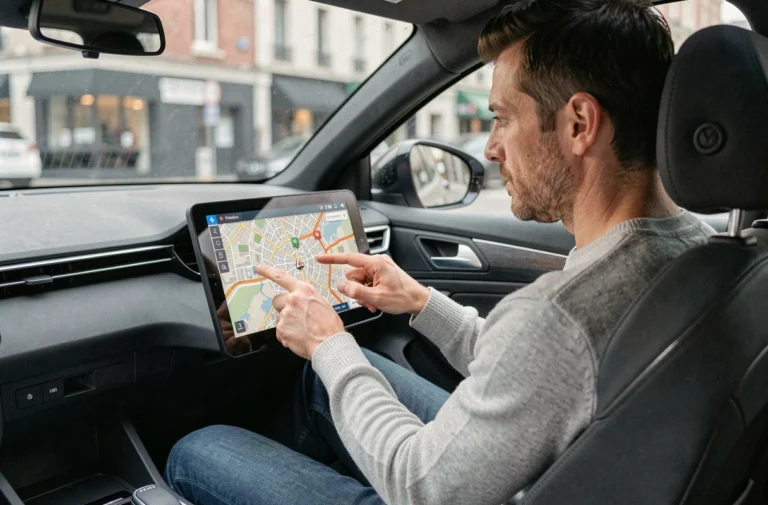 Conducteur Peugeot interagissant avec le système GPS intégré sur l'écran tactile du tableau de bord