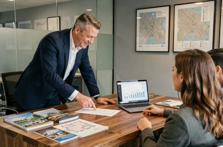 Conseiller immobilier expliquant des opportunités d'investissement à un couple dans une agence moderne