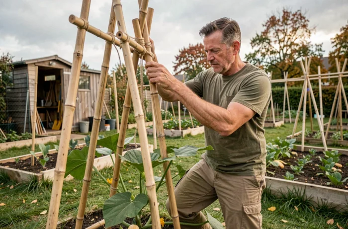Homme construisant une structure verticale en bambou pour cultiver le butternut en hauteur dans un jardin partagé