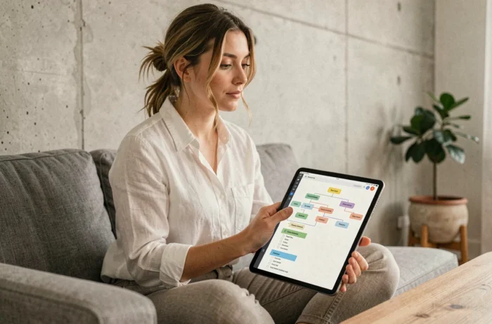 Jeune femme consultant un plan de site organisé sur une tablette depuis son salon contemporain