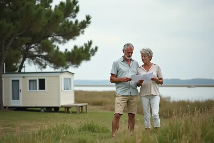 Couple examinant une parcelle en bord de l'eau en Vendée avant l'achat d'un emplacement de mobil-home