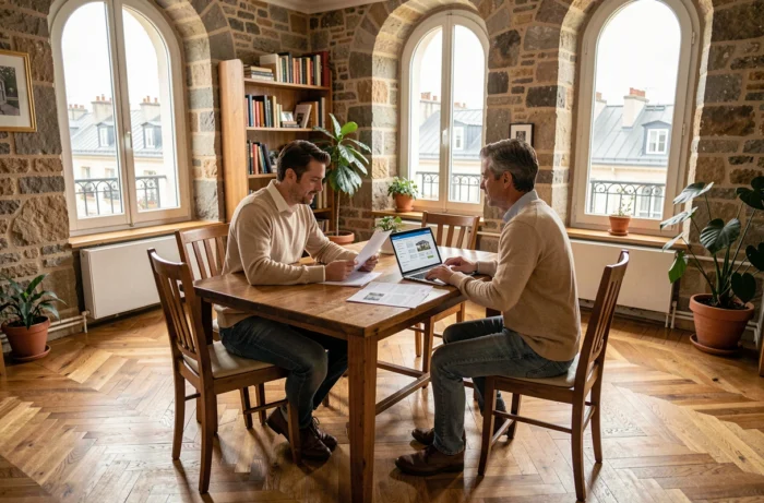 Couple comparant les prix de l'immobilier entre appartements et maisons sur ordinateur portable dans un appartement parisien
