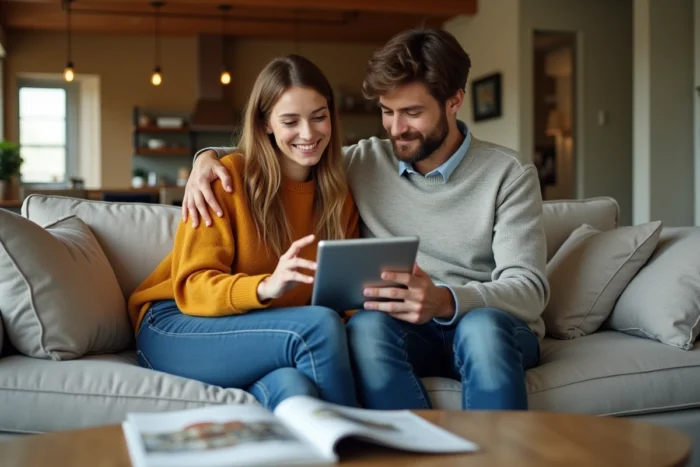 Couple consultant un service de courtage immobilier en ligne sur tablette dans leur salon contemporain