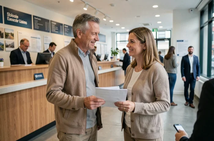 Un couple français dépose un dossier de crédit auprès d'un guichet bancaire pour financer un projet immobilier